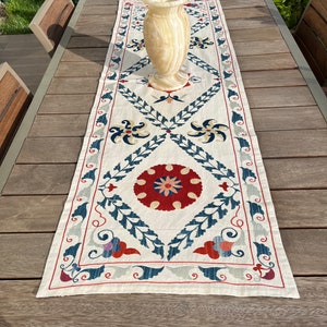 Embroidered Suzani Table Runner Bohemian Decor Red Blue 72&quot;x18&quot; (185x45cm) Eclectic Silk Suzani Runner  Lumbar Home Decoration
