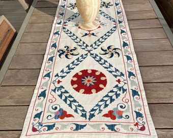 Embroidered Suzani Table Runner: Bohemian Silk Decor (72"x18")