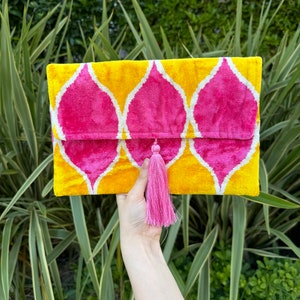Ikat Clutch Bag, Clutch Bag, Evening Bag, Ikat Bag, Mini Bag, Ikat Handbag, Women Clutch Bag, Pink Yellow White Clutch, Handmade Gift
