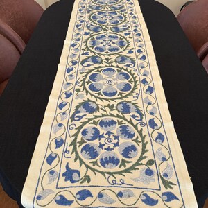 刺繍入りシルクスザニテーブルランナー：ボヘミアンブルーグリーン