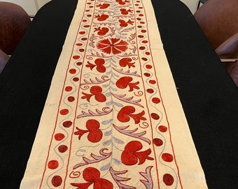Embroidered Silk Suzani Table Runner: Bohemian Red & Blue Decor (72"x18")