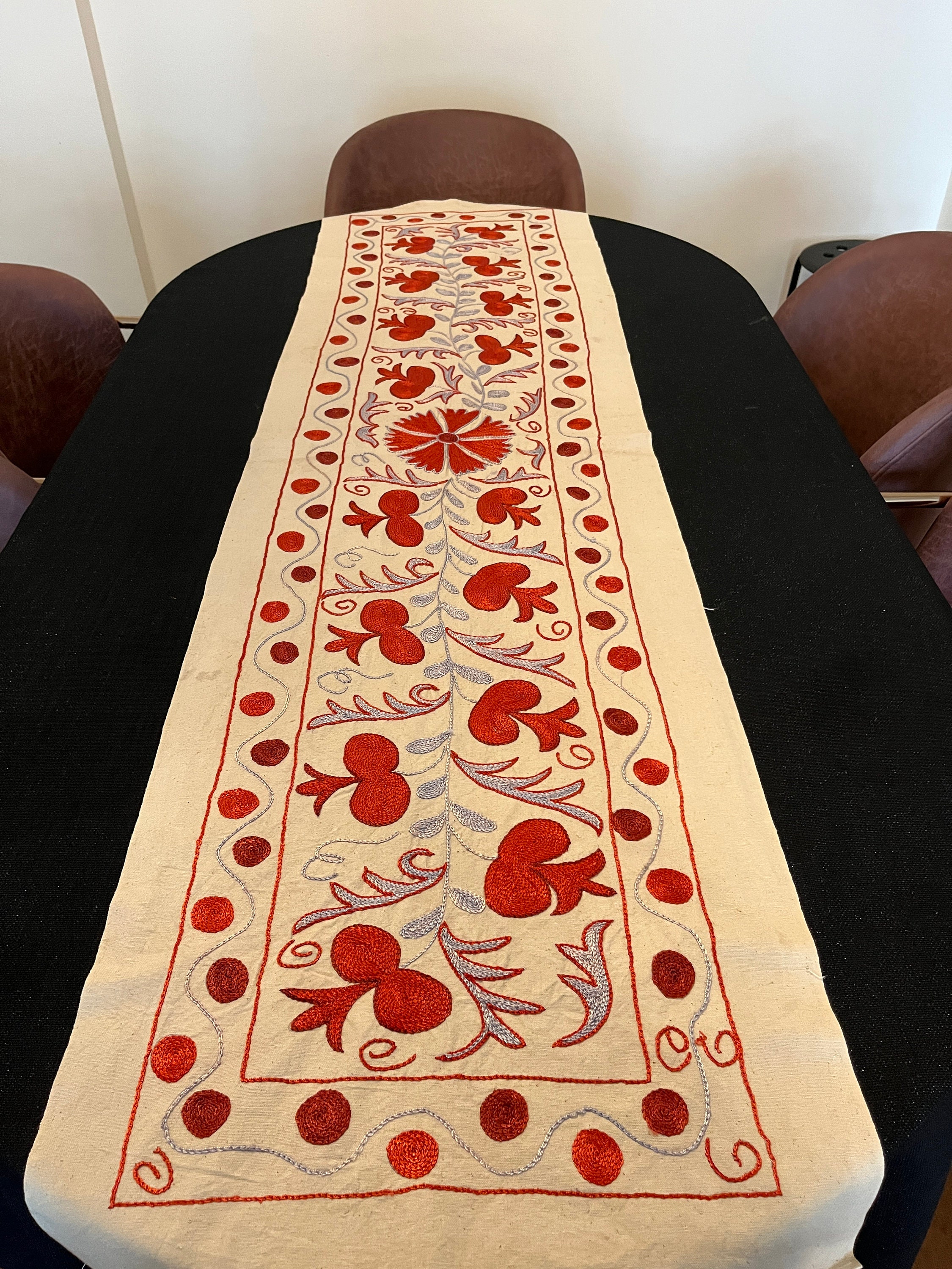 Embroidered Silk Suzani Table Runner: Bohemian Red & Blue Decor