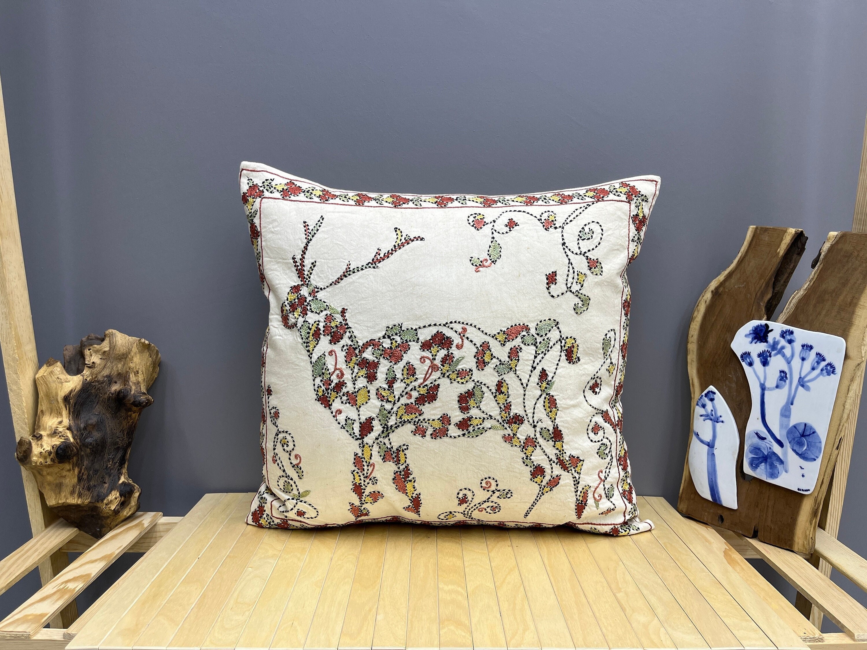 刺繍入りスザニ枕カバー：ボヘミアンシルククッションカバー（20x20