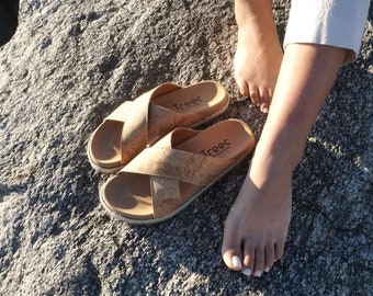 Vegan CORK SANDAL RECYCLED X Cross - recycled materials - Handmade from Portugal - women slip on