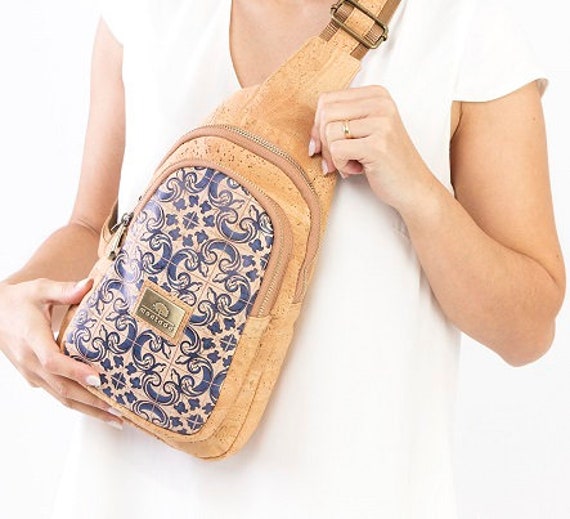 Made In Portugal Tan Olive Green 100% Natural Cork Convertible Sling Backpack Convertible Cork Backpack Handbag for Women - Vegan & Eco  main image 3