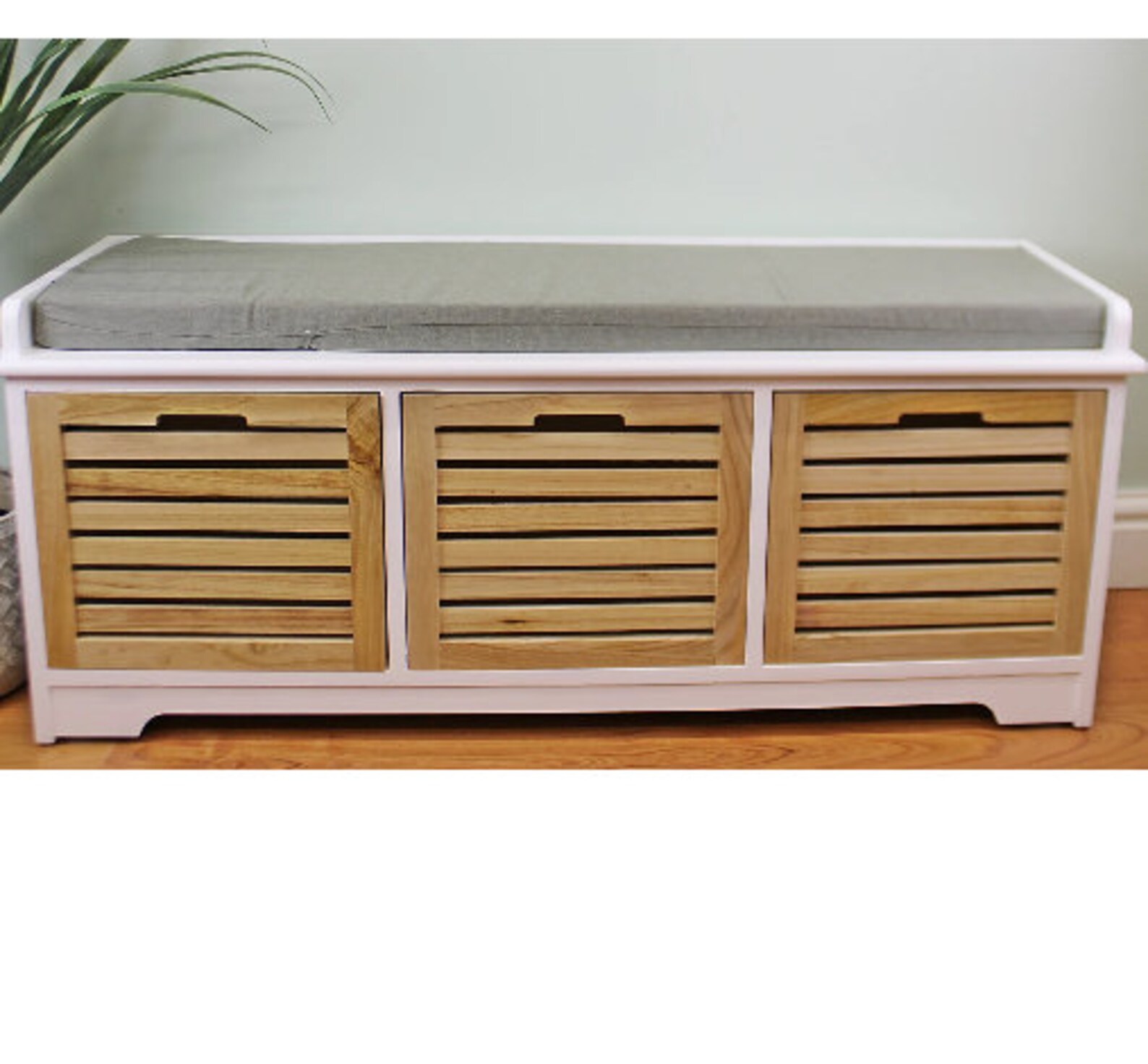White & Natural 3 Drawer Storage Bench With Grey Cushion Etsy