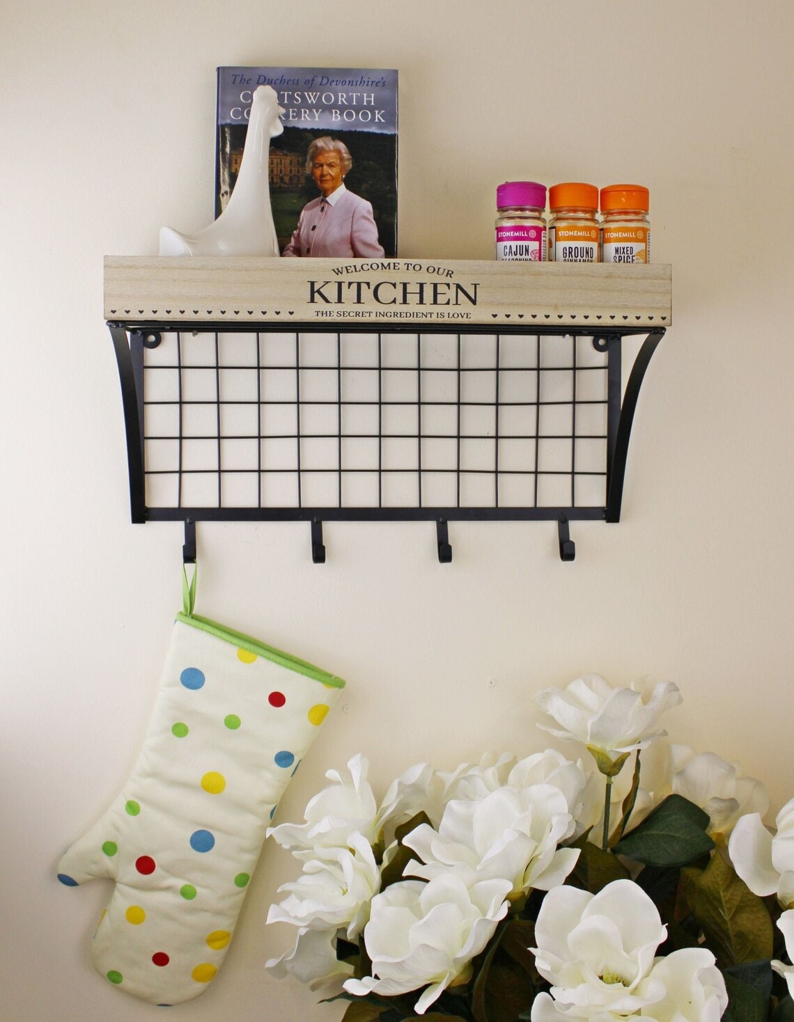 Wall Hanging Kitchen Shelf With Hooks Etsy