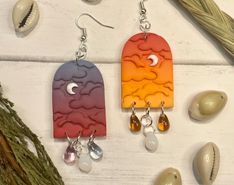 Mí édabè, Mí’idé (Sunup, Sundown) | Clouds | Moon | Sunrise Sunset Earrings | Native American Made | Unique Polymer Clay Jewelry | Colorful