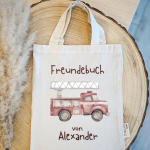 Personalisierte Freundebuch-Tasche Feuerwehr – Kleine Stofftasche mit Name und Motiv, ideal für Kindergarten & Schule