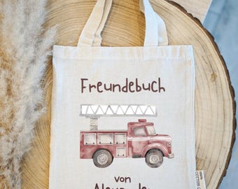 Personalisierte Freundebuch-Tasche Feuerwehr – Kleine Stofftasche mit Name und Motiv, ideal für Kindergarten & Schule