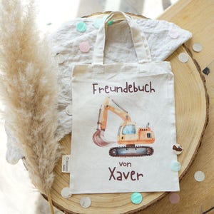 Personalisierte Freundebuch-Tasche Bagger – Kleine Stofftasche mit Name und Motiv, ideal für Kindergarten & Schule