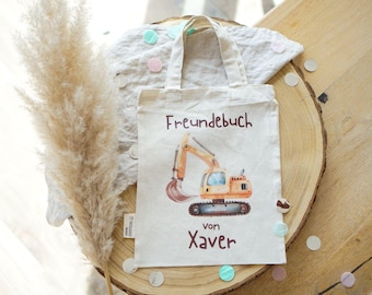 Personalisierte Freundebuch-Tasche Bagger – Kleine Stofftasche mit Name und Motiv, ideal für Kindergarten & Schule