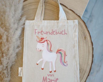 Personalisierte Freundebuch-Tasche Einhorn – Kleine Stofftasche mit Name und Motiv, ideal für Kindergarten & Schule