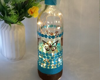 Teal and brown sequin bottle light with butterflies, Sequin, Butterfly Light, Lamp, Sparkly, Pretty, Handmade, Gift for friend, mum, sister