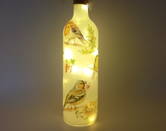 Bird lovers light up bottle, Gift, Garden birds bottle light, Table decor, light, Robin, Blue tit, Original Unique, Bird watcher present.