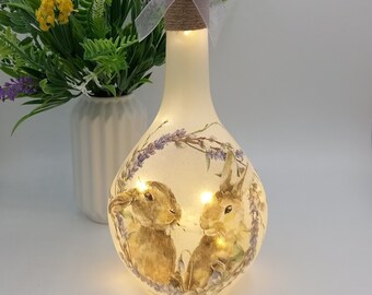 Rabbit light up bottle. Rabbits bottle light. Bottle lamp. Rabbits. Lavender. Spring. Gift for rabbit lovers. Hand decorated. Easter gift.