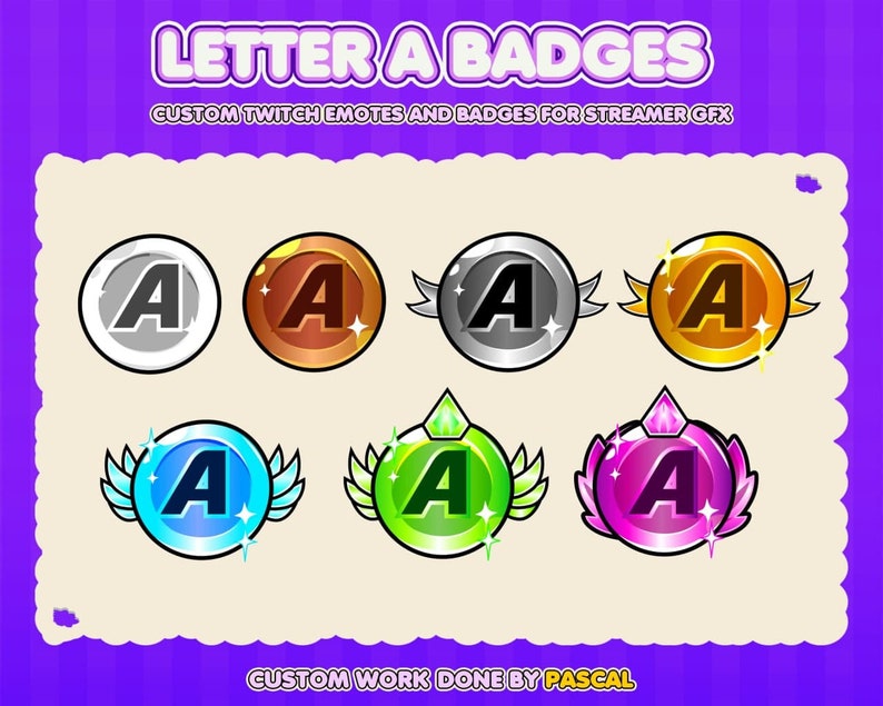 Youtube Facebook And Discord Alphabet And Letter A Badges Pack For Twitch Bit Badges 7 Pack Sub Badges Badges Loyalty Badges Drawing Illustration Art Collectibles Decotazeen Com