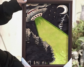 UFO Poster, UFO Alien Leinwand, Ufo Wandkunst, Alien Kunst, Geschenk für Alien Liebhaber, Trippy Poster, UFO Trippy Art
