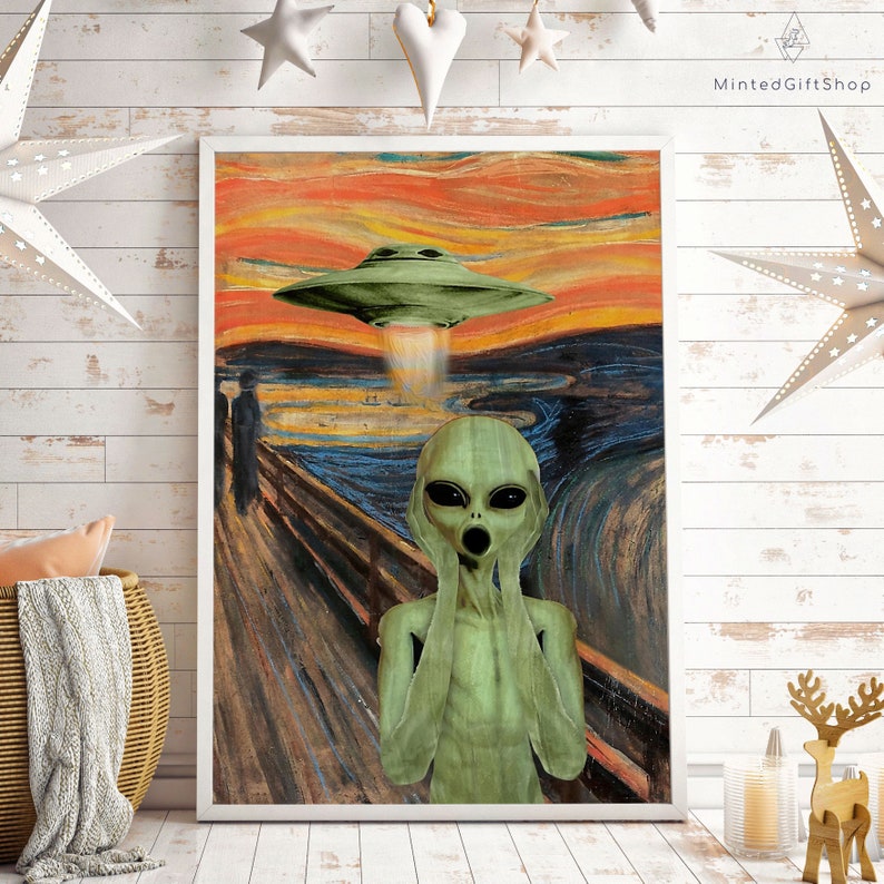 May include: A digital art print of Edvard Munch's The Scream, but with a green alien instead of the screaming figure. A flying saucer hovers above the alien, emitting a beam of light. The background is a swirling, colorful sky.