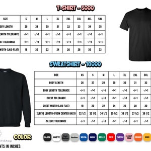 May include: Size chart for t-shirts and sweatshirts with measurements in inches. The chart includes sizes from XS to 5XL and lists body length, body length tolerance, chest tolerance, chest width, sleeve length, and sleeve tolerance.