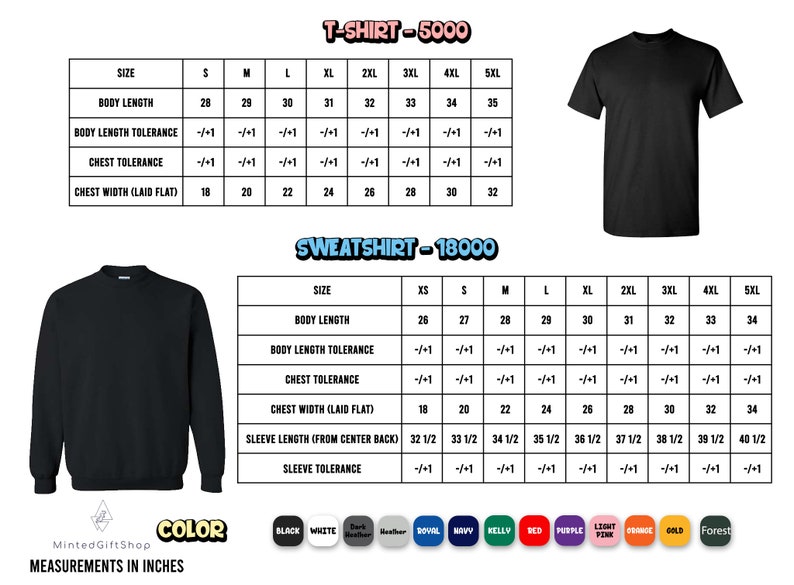 May include: Size chart for t-shirts and sweatshirts with measurements in inches. The chart includes sizes from XS to 5XL and lists body length, body length tolerance, chest tolerance, chest width, sleeve length, and sleeve tolerance.
