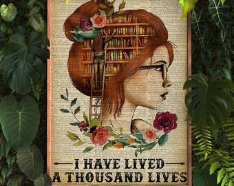 I Have Lived A Thousand Lives Poster/ Redhead Girl Art/ Book Lovers Decor/Reading Poster