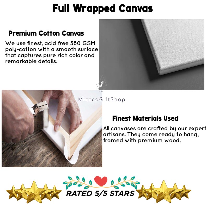 May include: A close-up of a canvas being stretched over a wooden frame. The canvas is white and the frame is brown. The text "Full Wrapped Canvas" is at the top of the image. The text "Premium Cotton Canvas" is in the top left corner of the image. The text "Finest Materials Used" is in the bottom right corner of the image. The text "RATED 5/5 STARS" is in the bottom center of the image.