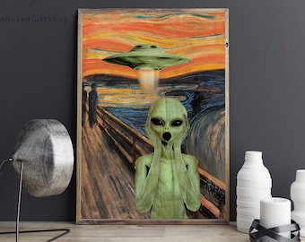 UFO poster/UFO Alien poster/ Alien Screaming Poster/ Alien Vintage Wall Decor/ Alien Poster Home Decor