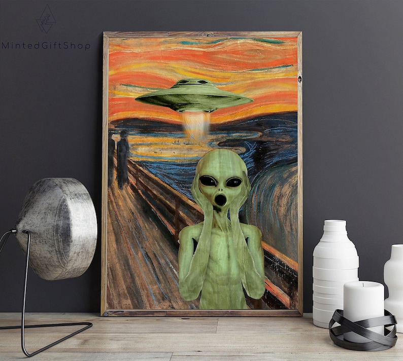 May include: A digital art print of Edvard Munch's The Scream, but with an alien instead of the person. The alien is green and has large eyes. A flying saucer is above the alien, with a beam of light coming down from it. The background is a swirling, colorful sky.