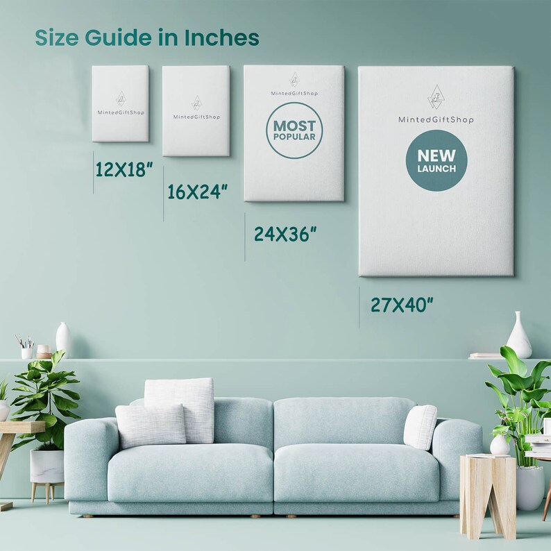 May include: Size guide for canvas prints in inches. The sizes are 12x18, 16x24, 24x36, and 27x40 inches.