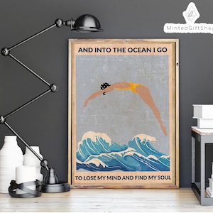En el océano voy a perder mi mente y encontrar mi cartel de alma, cartel de natación vintage, arte de impresión de natación de niña, lienzo de pared de natación vintage