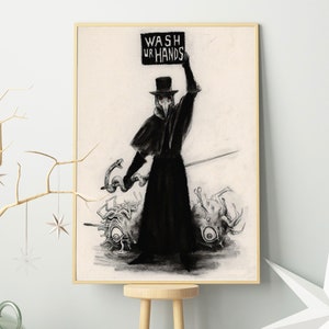 K&ouml;nnte beinhalten: Eine Schwarzwei&szlig;illustration eines Pestarztes, der ein Schild mit der Aufschrift "WASH UR HANDS" h&auml;lt. Der Arzt steht &uuml;ber einem Haufen toter, grotesker Kreaturen.