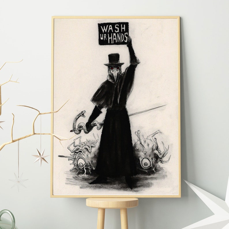 K&ouml;nnte beinhalten: Eine Schwarzwei&szlig;illustration eines Pestarztes, der ein Schild mit der Aufschrift "WASH UR HANDS" h&auml;lt. Der Arzt steht &uuml;ber einem Haufen toter, grotesker Kreaturen.