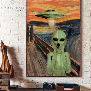 May include: A green alien with large eyes and a wide mouth is screaming in terror as a flying saucer hovers above. The scene is a parody of Edvard Munch's famous painting "The Scream".