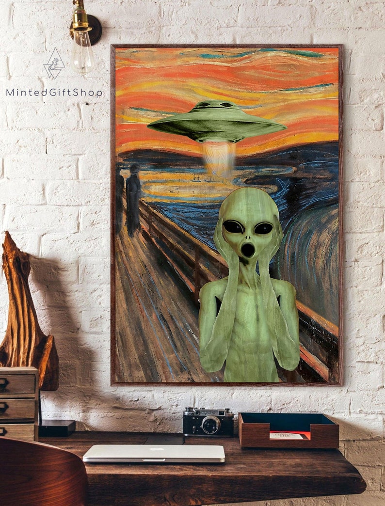 May include: A green alien with large eyes and a wide mouth is screaming in terror as a flying saucer hovers above. The scene is a parody of Edvard Munch's famous painting "The Scream".