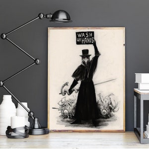 K&ouml;nnte beinhalten: Schwarz-wei&szlig;-Illustration eines Pestarztes, der ein Schild mit der Aufschrift "Wash Ur Hands" h&auml;lt. Der Arzt steht &uuml;ber einer Gruppe von stilisierten Keimen.