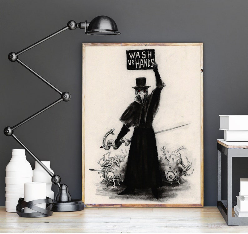 K&ouml;nnte beinhalten: Schwarz-wei&szlig;-Illustration eines Pestarztes, der ein Schild mit der Aufschrift "Wash Ur Hands" h&auml;lt. Der Arzt steht &uuml;ber einer Gruppe von stilisierten Keimen.
