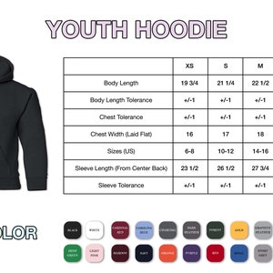 May include: A black youth hoodie with a size chart showing measurements in inches. The chart includes sizes XS, S, M, L, and XL. The chart shows body length, body length tolerance, chest tolerance, chest width, sizes (US), sleeve length, and sleeve tolerance.