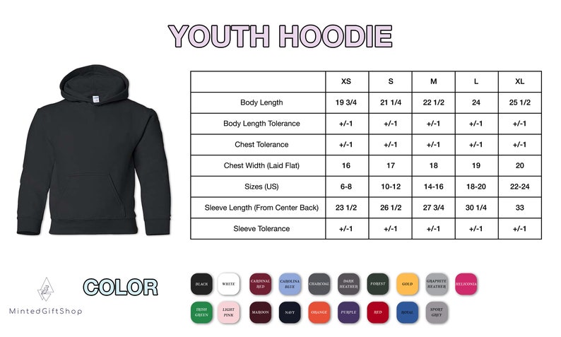 May include: A black youth hoodie with a size chart showing measurements in inches. The chart includes sizes XS, S, M, L, and XL. The chart shows body length, body length tolerance, chest tolerance, chest width, sizes (US), sleeve length, and sleeve tolerance.