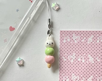 手作りのミッフィー団子携帯チャーム、かわいいうさぎキーホルダー、Y2Kアクセサリー小型携帯チャームキッドコア
