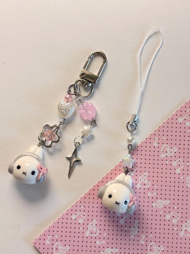 Handgemachte Miffy Handyanhänger, Kawaii Hase Schlüsselanhänger, Y2k Accessoire kleiner Handyanhänger jellyspark kokette kazuichi Bild 1