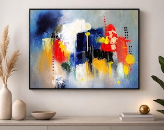 Large Abstract Painting Red Gold Blue Textured Canvas Art, Modern Living Room Decor