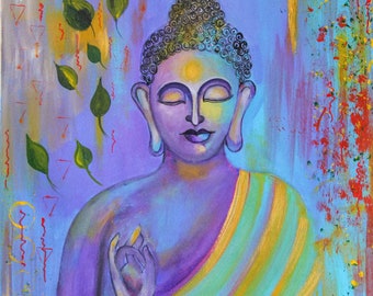 May include: A vibrant acrylic painting featuring a serene Buddha figure with closed eyes, rendered in shades of purple, blue, and yellow. The figure is draped in a striped robe, surrounded by floating green leaves and abstract red geometric symbols.