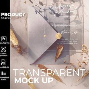 Bellissimo MOCKup di biglietto trasparente acrilico, modello di invito acrilico PSD, oro, biglietto, cancelleria in acrilico, matrimonio