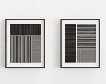 Geometric Block Pair, Black and White Geometric Art, Stripe Rectangle, Modern Minimal Abstract Art, Printable Wall Art Set, Digital Download