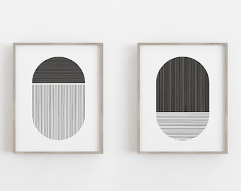 Semi Circle Print Set, Black and White Geometric Stripes Art, Mid Century Modern, Abstract Minimal Art, Printable Wall Art, Digital Download