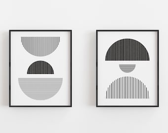 Half Circle Print Set, Black and White Geometric Stripes Art, Mid Century Modern, Abstract Minimal Art, Printable Wall Art, Digital Download