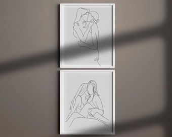 lesbische line art | lesbische lijntekening, set van 2, Lesbisch schilderij, NAAKT Vrouw poster, Feministische kunst, Afdrukbare kunst aan de muur, Digitale Prints kunst