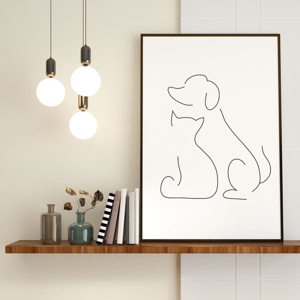 Cat Dog Line Art, Modern Art, Minimal Line Art, Printable Cat Dog, Wall Art, Cat and Dog, Dog Art, Cat and Dog Drawing, Animal Drawing art