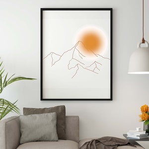 Mountain and sun line art | Digital Abstract Sun & Mountain Print, Printable Wall Art, Nature Fine Art Poster, Mountain Landscape Drawing